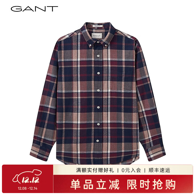 GANT【亚洲版型】甘特春季新款法兰绒格纹翻领舒适百搭复古男衬衫 604丰泽红色 M