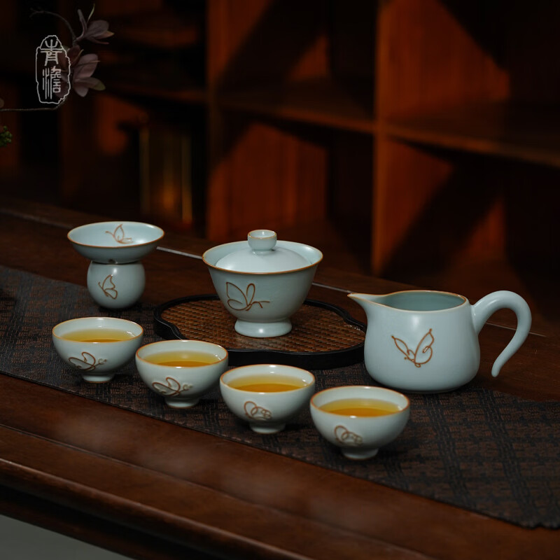 青澹墨雅青澹汝窑茶具套装礼品冰裂釉汝瓷整套茶杯茶壶礼盒装陶瓷盖碗茶具 青澹蝶舞芳菲7件套