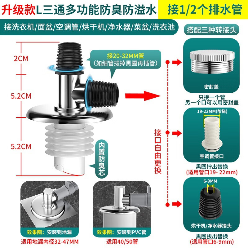 牧濱（MU BIN）洗衣機(jī)下水管地漏接頭專用擋返臭止逆閥擋反水三頭通排水三通擋臭 防臭地漏三通