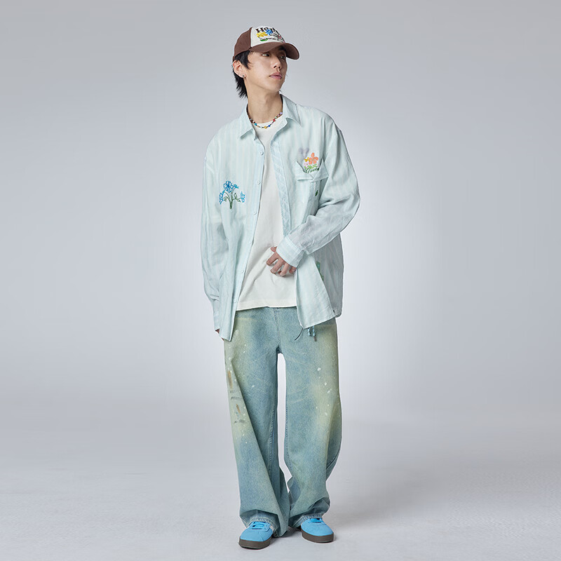 古由卡(GUUKA)美式休闲简约大气条纹衬衫男春新款 创意绣花轻薄艺术感纯棉外套 浅蓝 M