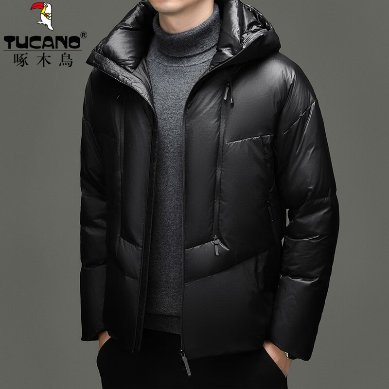 啄木鸟（TUCANO）羽绒服男短款连帽加厚保暖鸭绒外套2025冬季最新款时尚御寒面包服 灰色 L (175) 推荐135-150斤