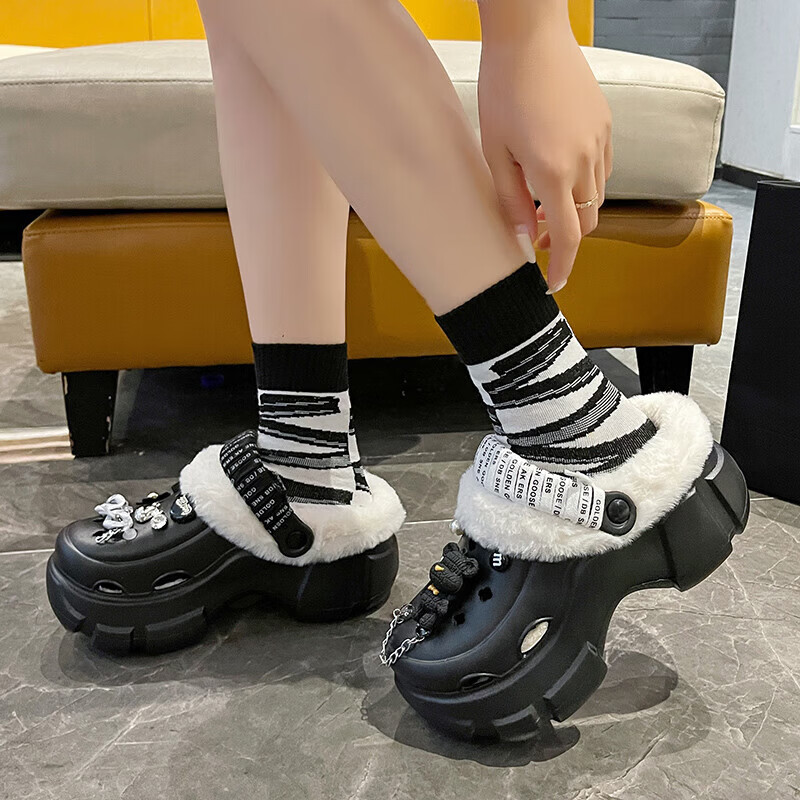 【精选】洞洞鞋女加绒外穿2024秋冬新款可拆卸厚底可爱包头保暖棉 白色【绑带】可拆卸棉套 34 -35