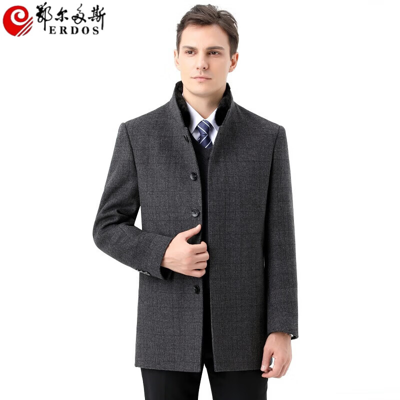 ERDOS鄂尔多斯冬装男士双面呢羊毛大衣毛领服中长款中老年羊毛呢厚外套 灰色 M 170