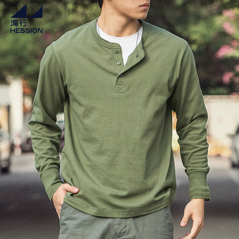 海行户外美式复古亨利衫长袖t恤男2025春季纯棉侧身无缝亨利领打底衫 军绿色 L (参考140-155斤)