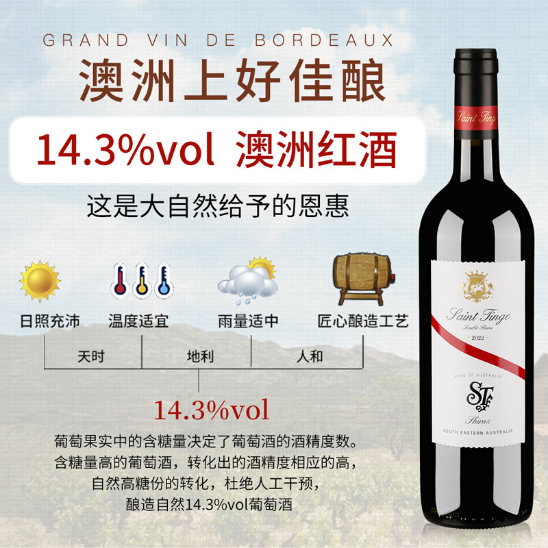 SAINT TINGE澳洲原瓶进口红酒澳大利亚原瓶红葡萄酒 六瓶装配皮箱750ml*6
