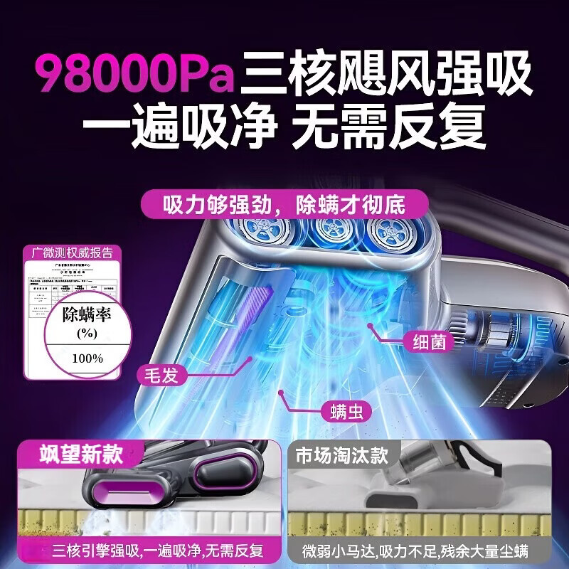飒望德国官方除螨仪床上高温杀菌家用无线大吸力紫外线除螨双震拍打吸尘器三合一体机除螨仪哪个牌子好 【高贵紫】紫光杀菌高效抑螨