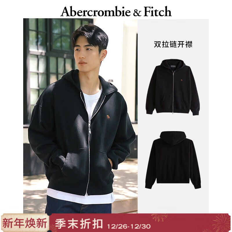 Abercrombie &amp; Fitch经典小麋鹿图案保暖抓绒廓形卫衣外套25秋冬男装122-5540 黑色 L (180/108A) 尺码偏大，建议小一码