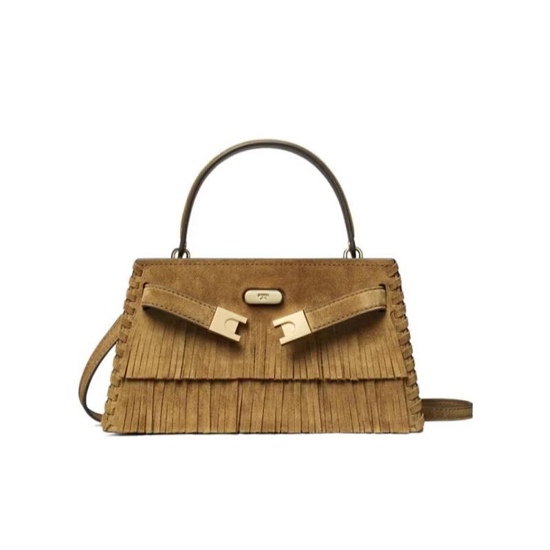 湯麗柏琦（Tory Burch）女士斜挎包多隔層設計卡袋收納頂部提手帶扣閉合翻毛皮牛皮材質 棕色 TU