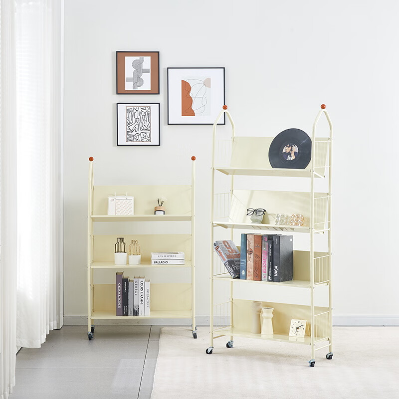馨婺家书架置物架落地多层可移动带轮儿童小书柜家用简易推车阅读收纳架 奶油白-2层【加粗管径】可移动