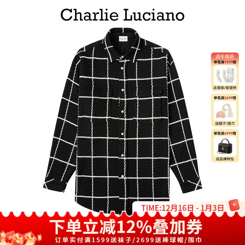 Charlie Luciano黑色格子襯衫百搭秋冬新款休閑情侶男女同款百搭潮流cl外套男潮 黑色 XS