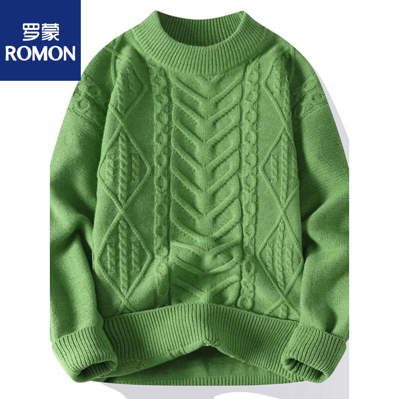 罗蒙毛衣男士圆领秋冬季扭花加厚针织衫潮流打底衫宽松半高领线衣男装