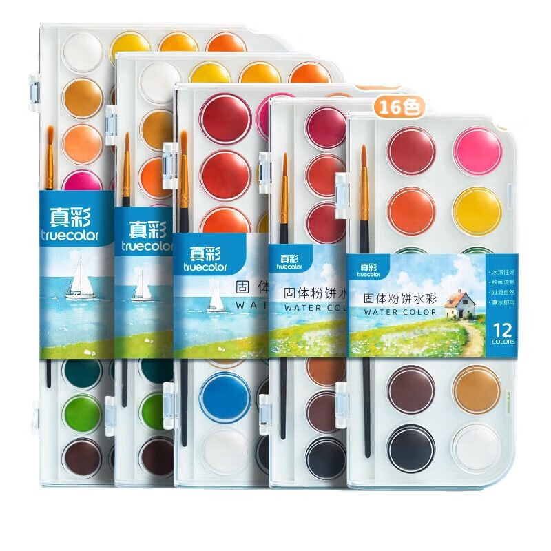 真彩（TRUECOLOR）固体水彩颜料套装全套水粉颜料水彩画美术固体水粉初学者绘画小学生专用水彩固体颜料盒儿童画画颜 固体水彩颜料-48色