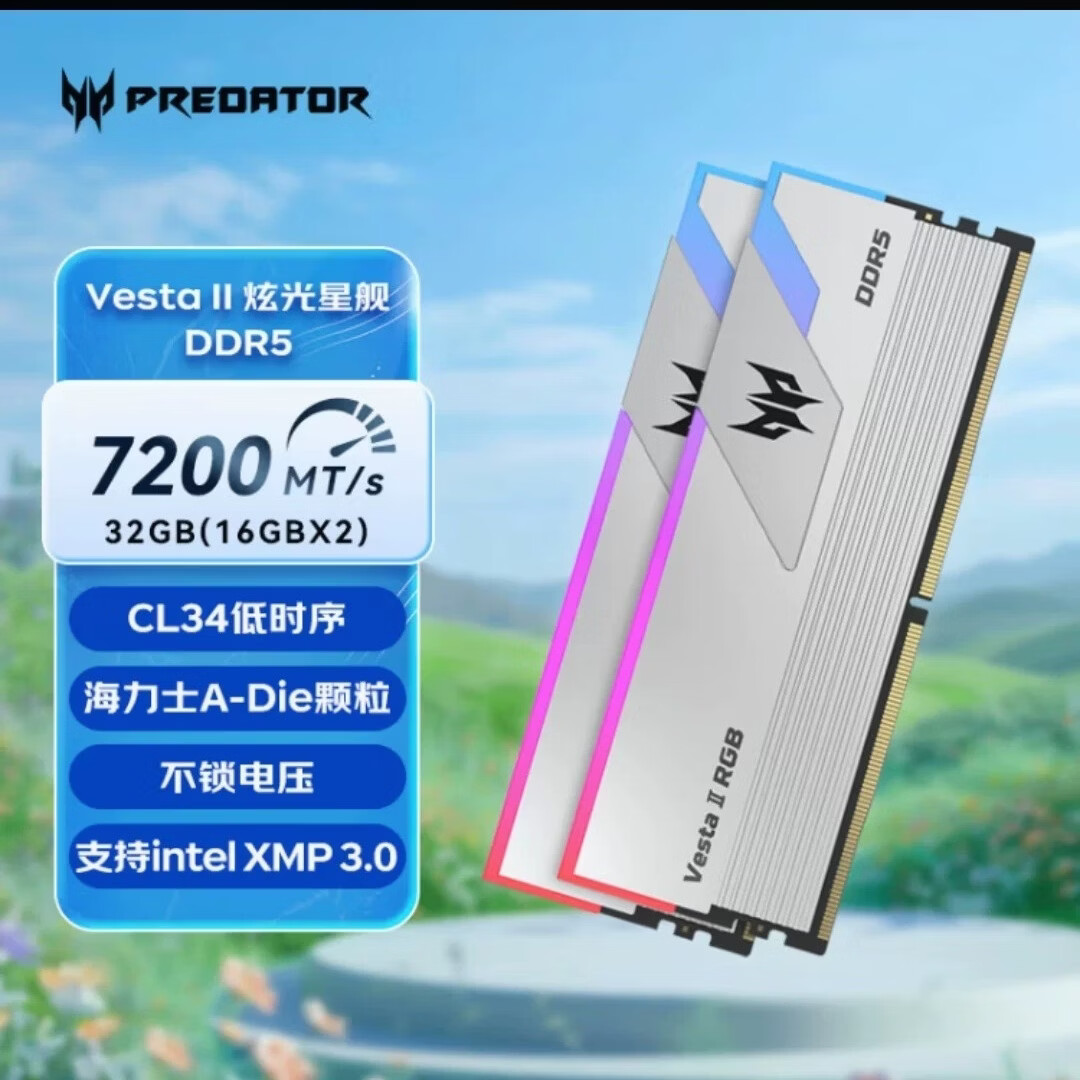 宏碁掠夺者炫光星舰6000c28/6400c32/6800c32/7200c34 32G/64G游戏RGB灯条 炫光7200c34 16g*2 银