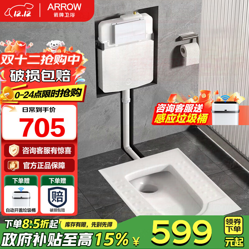 箭牌（ARROW）隐藏式水箱暗藏暗装水箱蹲便器入墙式蹲坑嵌入式暗装冲水箱套装 【高185】不带弯后排5003CE+水箱