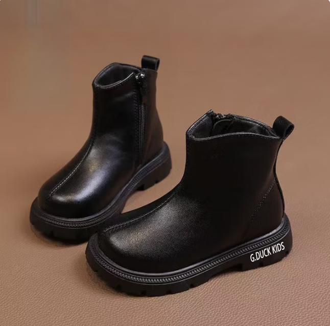 G.duck小黄鸭女童靴子冬季儿童短靴2025新款马丁靴中大童女孩黑色加绒靴 黑色 单层 33 鞋内长21CM