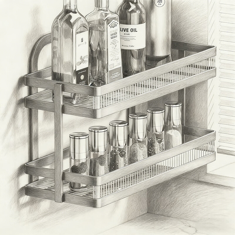 尔思家厨房调料品置物架多功能台面可壁挂多层窄边调料盒瓶罐架子收纳篮 双层-枪灰色-带板