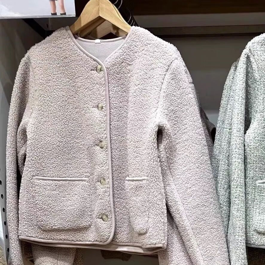 宰搂秋冬女装仿羊羔绒摇粒绒圆领开衫保暖绒外套472938 水粉色 S S