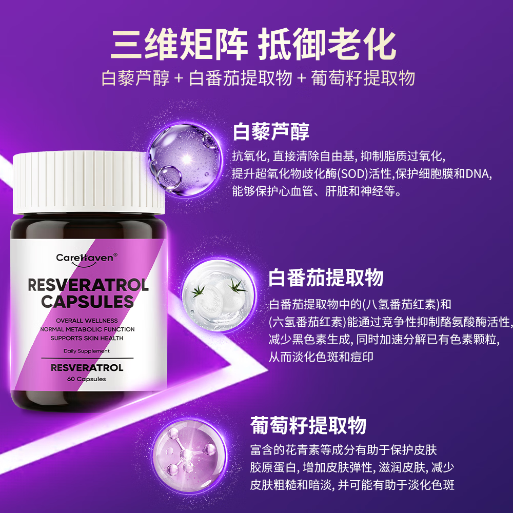 CareHaven【香港直邮】美国白黎芦醇胶囊葡萄籽鱼胶原蛋白肽抗衰老提拉紧致 【糖氧双抗】白黎芦醇胶囊 60粒*2瓶