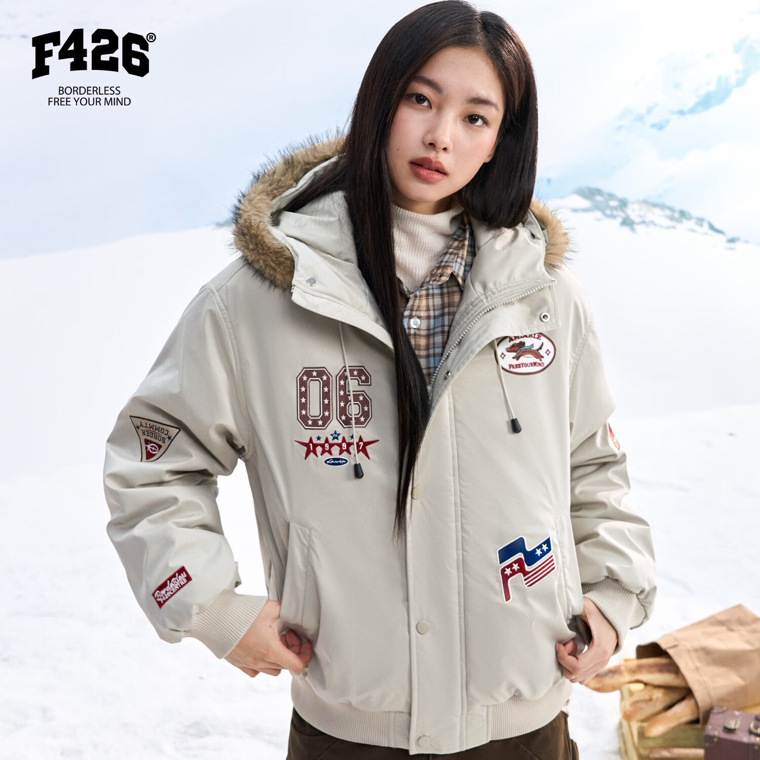 F426【赵露思同款】冬季新款美式复古连帽毛领派克棉服 灰白色 M