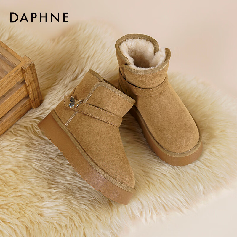 达芙妮厚底雪地靴女款2025新款冬季棉靴加绒保暖棉鞋女皮带扣加厚短靴LP 驼色 加绒 （蝴蝶结款） 36