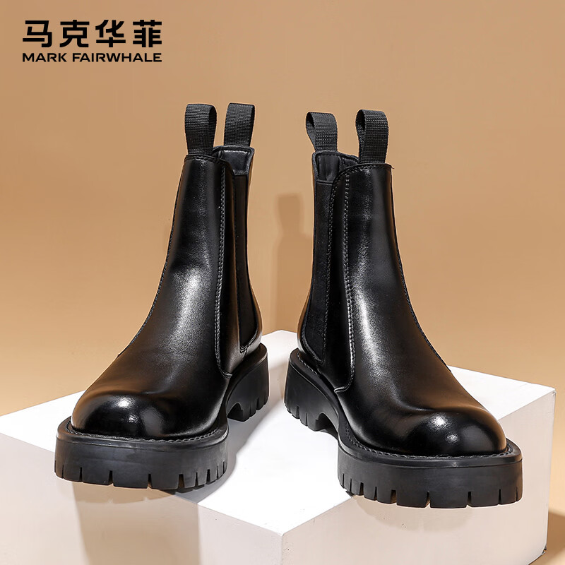 马克华菲马丁靴男款冬季加绒保暖棉鞋厚底切尔西靴男士户外高帮 纯黑 41 顺丰速发