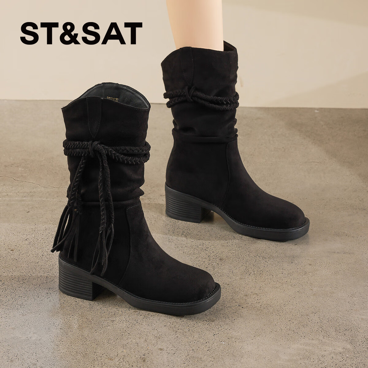 星期六复古堆堆靴女2025新款冬季流苏短靴子女西部靴废土风骑士靴 黑色 【羊皮革鞋垫】跟高5cm 35