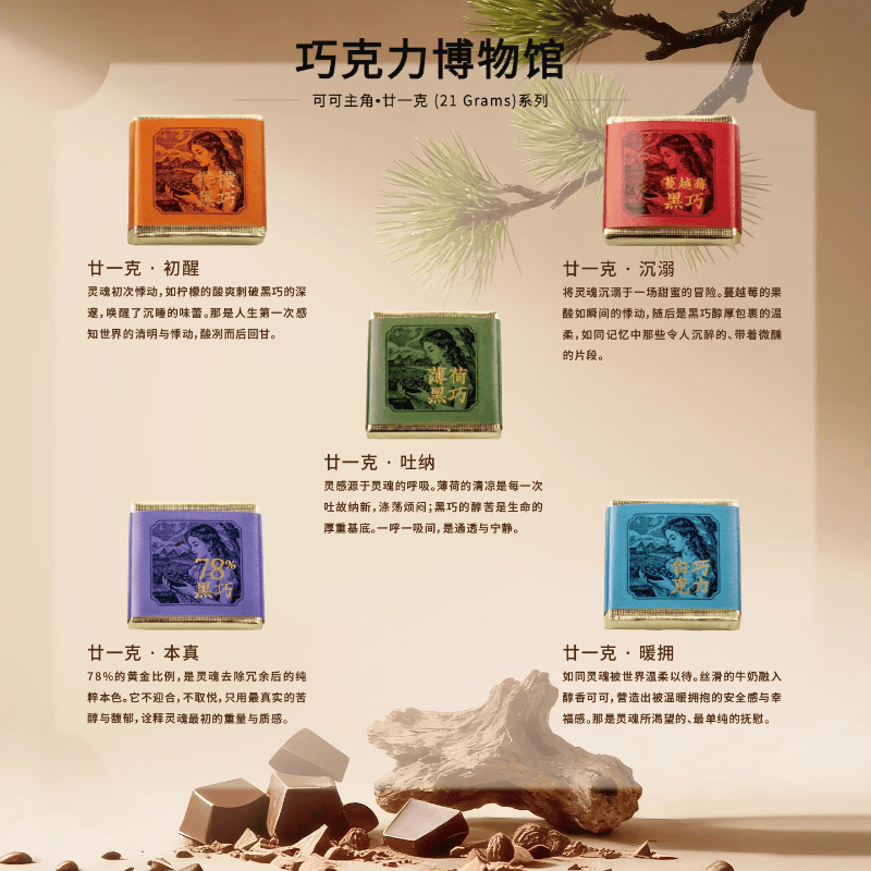 巧克市集巧克力博物馆 果缤纷炫彩礼盒 黑巧克力 纯可可脂黑巧 特殊的礼物 廿一克 (21 Grams)系列巧克力套装长方形正方形各一盒