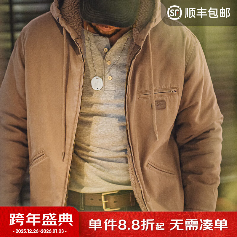 马登工装美式复古J141连帽夹克男加绒保暖棉衣秋冬防风男士棉服外套 卡其色 【棉袄男/衣服冬季/男外套冬季保暖/防寒服】 XL