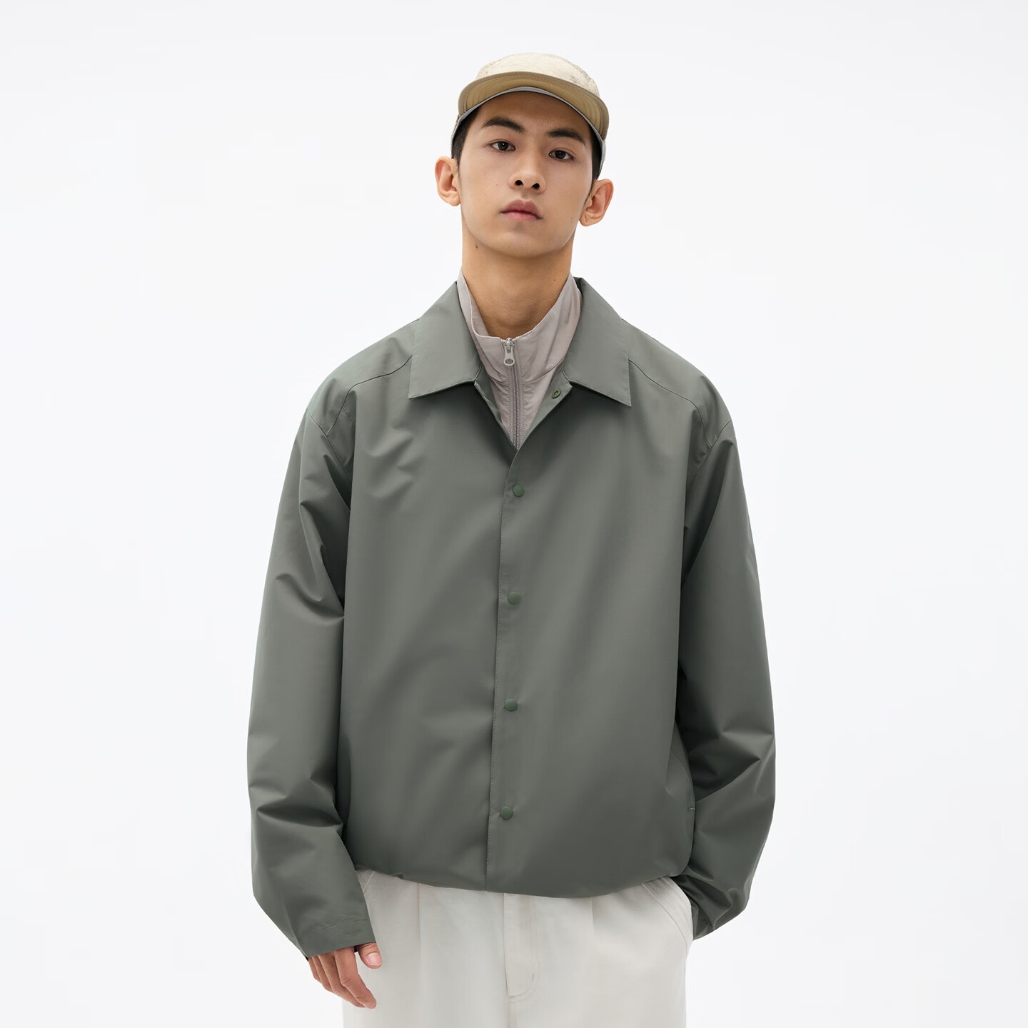 熊猫·本（ben.panda）纯色翻领防泼水夹克男士夹克宽松休闲外套2026春季新款 灰绿色 M