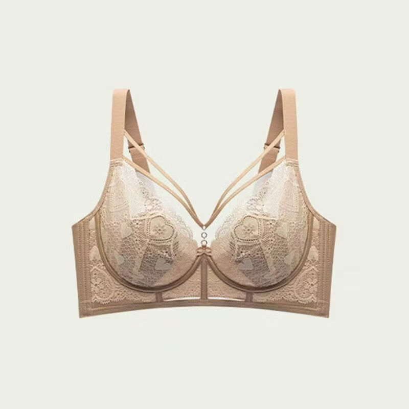 超薄文胸免耳杯大胸显小性感纯欲撞色蕾丝聚拢上托防下垂文胸内衣 米色+浅灰 （水晶蓝色） 95B 42/95B