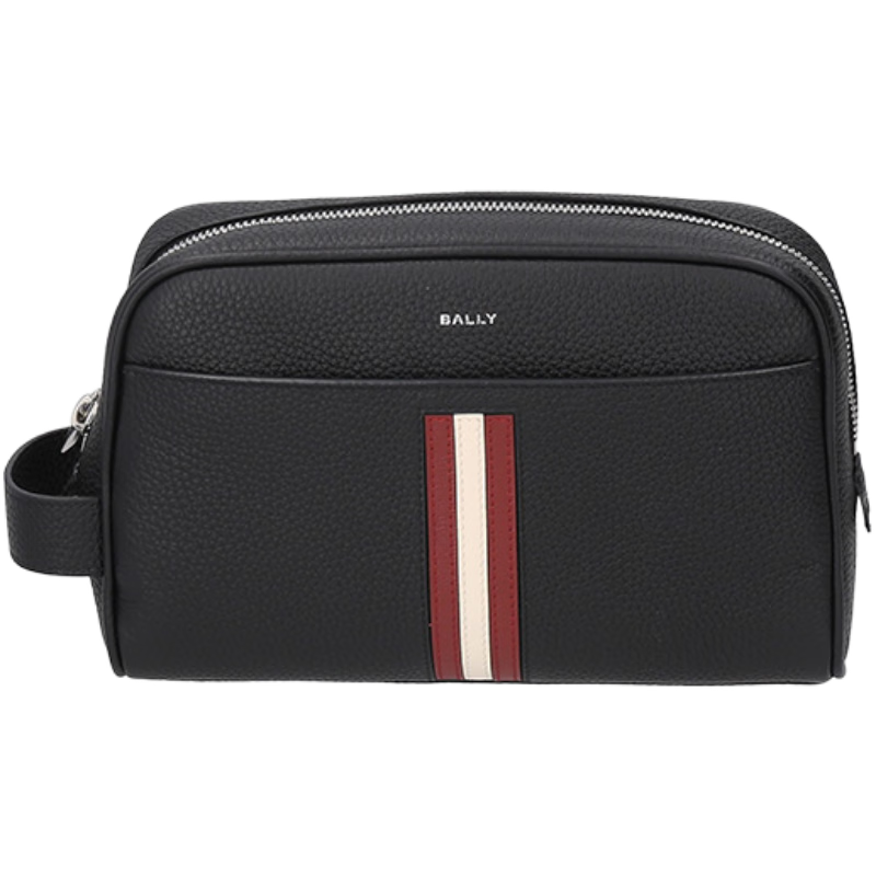 巴利（BALLY）26春夏新品 男士皮革洗漱包化妝包手提式收納包男包RBN S WASHBAG 921 6306534 黑色紅白經(jīng)典條紋