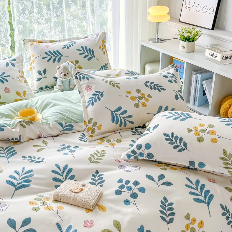 羽匠加厚磨毛小清新印花四件套学生宿舍套件家用床单柔软四件套秋冬季 丛林兔 床单款 床四件套(被套200*230cm)