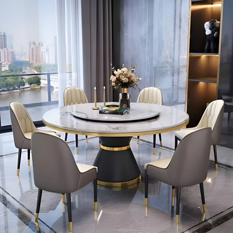 梵森荣2026新款轻奢岩板餐桌椅组合家用酒店大圆桌小户型带转盘吃饭桌子 12mm加厚岩板 1.5m  单圆桌+8椅【送转盘】