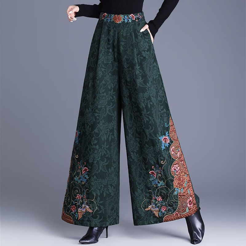 中年妈妈装新中式国风高腰阔腿裤重工绣花提花民族风刺绣长裤子女 黑色刺绣阔腿裤(不加绒) L