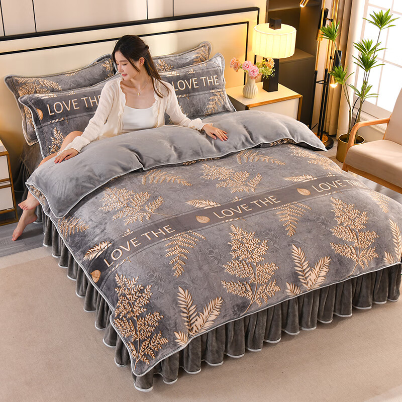 2025新款牛奶绒四件套加厚加密防静电套件双面绒加绒 黄金叶 1.5米床 床单款 （被套200*230cm）