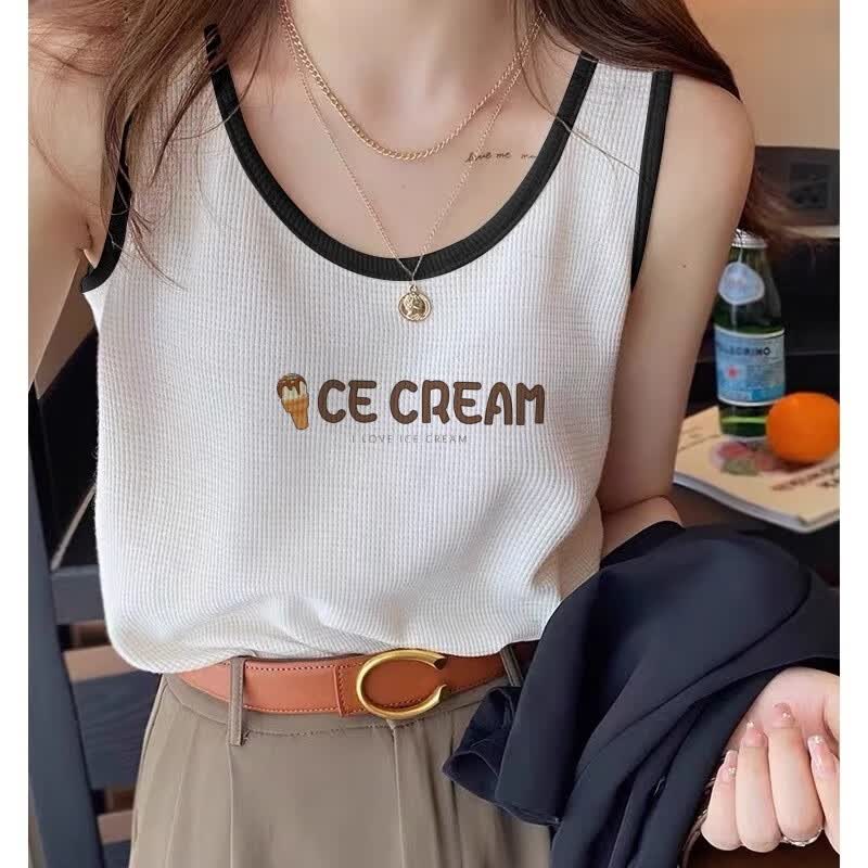 【精选】美式复古无袖坎肩吊带上衣运动背心女装宽松显瘦打底内搭 咖啡色字母咖啡白 S 码建议80-95斤