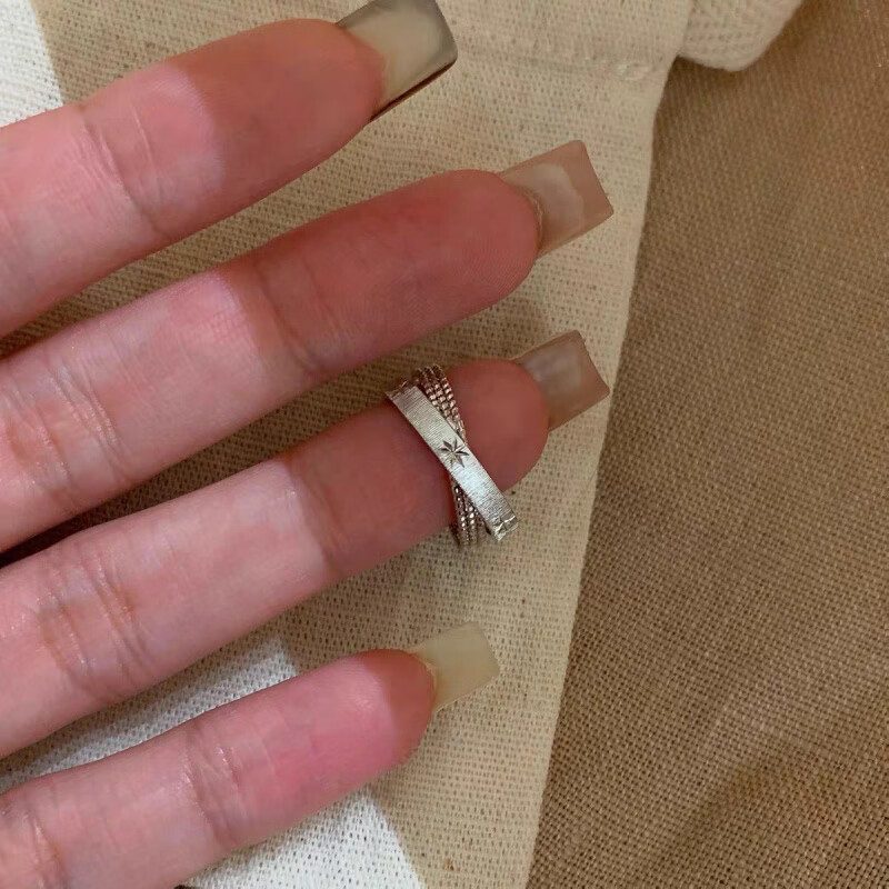 花饰庄园金色拉丝双层交叉星芒戒指女小众设计精致复古食指戒 银色芒星交叉戒指