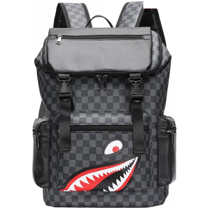 酷奇袋鼠日系輕奢鯊魚雙肩包大容量時尚男包 6622#黑格黑眼