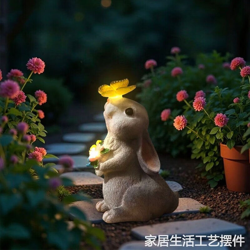 OYKTN兔子抱花蝴蝶摆件家用草坪户外雕像阳台庭院装饰布置太阳能氛围灯 兔子手捧花顶蝴蝶暖白灯