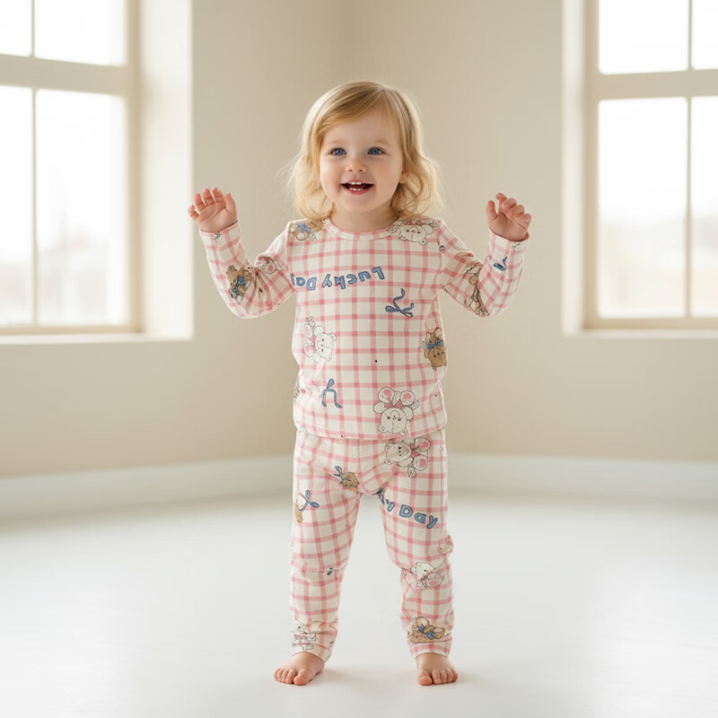 小猪大卫 PECODAVID秋内衣套装男童女宝宝可爱印花秋衣秋裤无骨贴身内衣套 粉格小熊 120