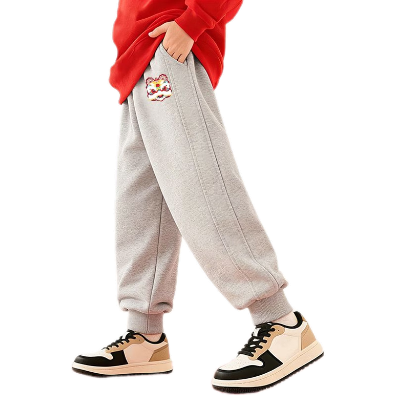 唐狮（TonLion）儿童羊羔绒裤子加绒加厚冬季运动裤中大童运动年服新年裤子马年装 【羊羔绒】黑色醒狮 160