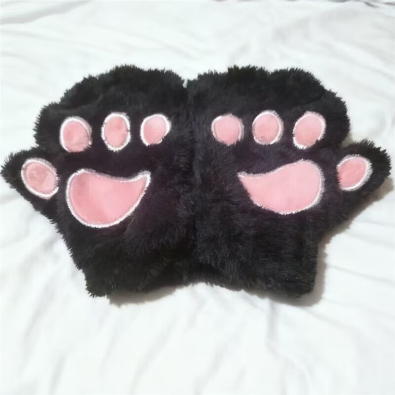 卡通手套女冬天学生秋冬季保暖软妹可爱熊爪半指加厚加绒毛绒手套 米白-半指（加绒款） 均码