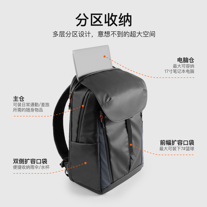 inateck大容量旅行包双肩包男女轻量化背包轻便休闲防泼水通勤商务出差 幻夜黑 | 25L大容量 | 180°开合