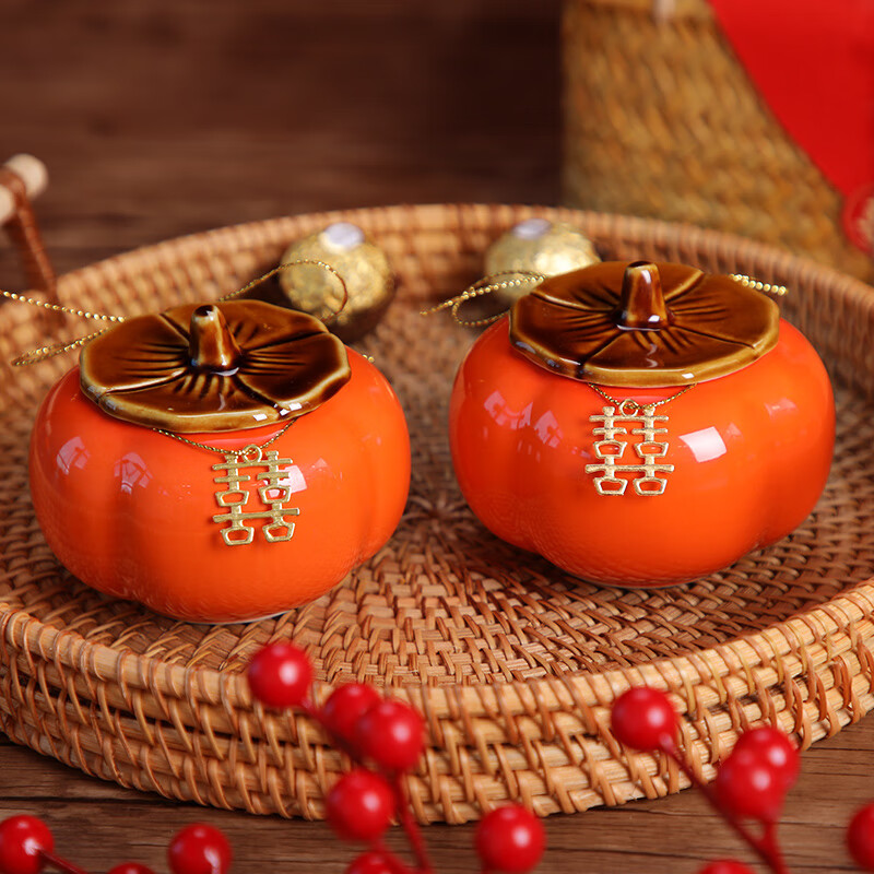 OYKTN订婚摆台布置柿柿如意桌面摆件柿子喜罐婚礼喜庆好柿发生装饰品 柿柿如意橙色1对-没有铜喜