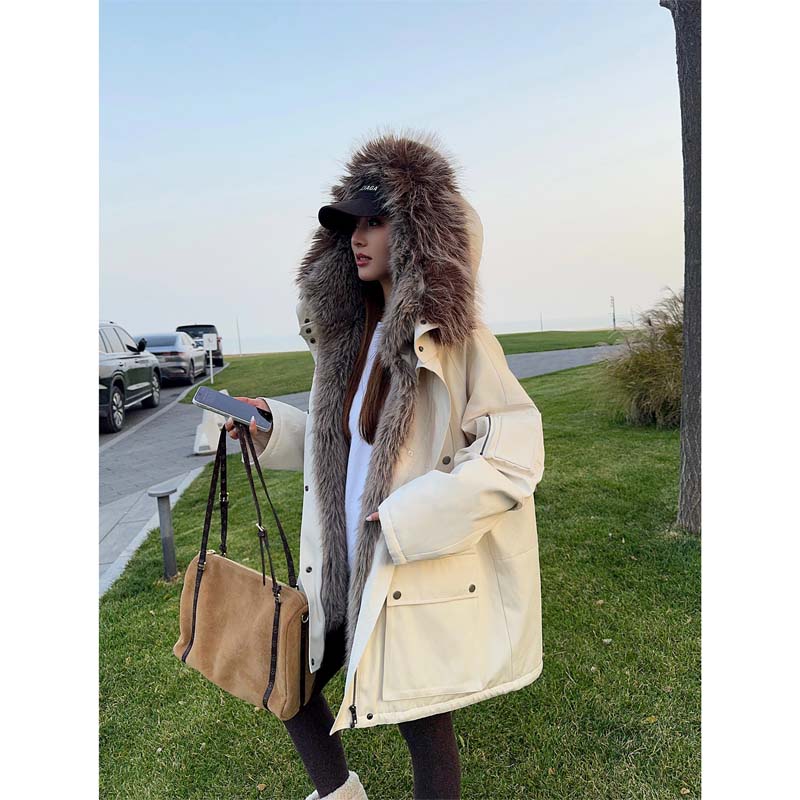 NEVA HU 冰岛雪夜 复古工装连帽棉服女廓形可拆毛领保暖夹克外套 浅灰杏现货 S