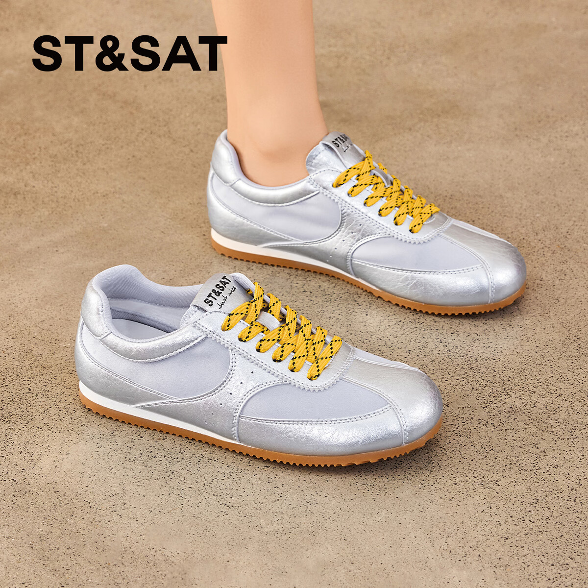 星期六复古拼色德训鞋女款2025秋季新款平底舒适阿甘鞋运动休闲鞋 银色 37