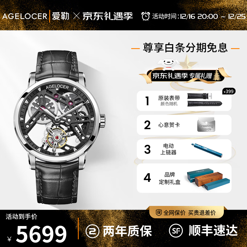 爱勒 AGELOCER原创陀飞轮男士高端机械表镂空手表送男友圣诞礼物定制礼盒 陀飞轮9001A1-枪黑