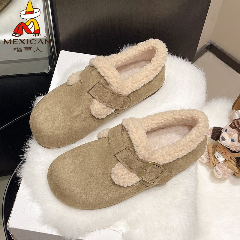 稻草人（MEXICAN）复古厚底加绒勃肯毛毛鞋女2026秋冬新款保暖棉鞋懒人一脚蹬雪地靴 加绒内里卡其色 35