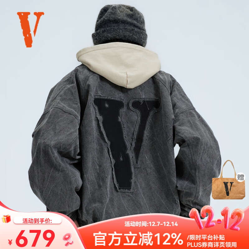 VLONE哥特字母系列贴布刺绣LOGO重磅水洗做旧飞行员夹克外套男女同款 VLBO24001深灰色 L