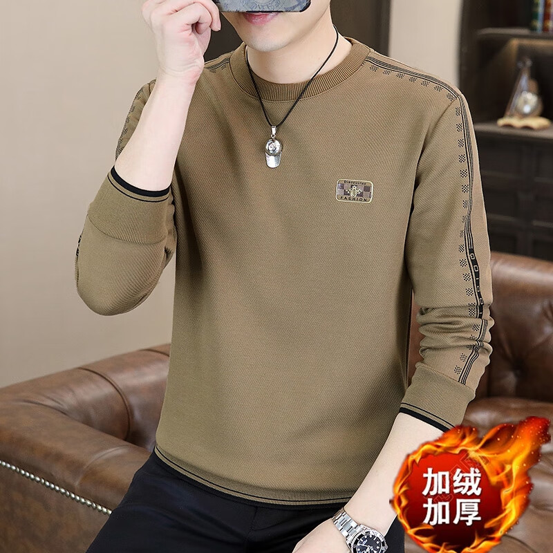 【轻奢】欧版秋冬款长袖打底套头时尚休闲百搭男士圆领卫衣宽松F 卡其加绒加厚 2XL 【建议150-170斤】